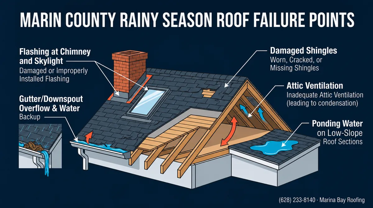Illustrated roof cross-section diagram identifying five common rainy season failure points on Marin County homes: flashing at chimney and skylight, gutter and downspout overflow, damaged shingles, inadequate attic ventilation, and ponding water on low-slope roof sections.