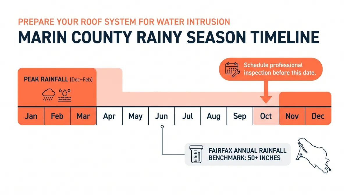 Monthly timeline infographic showing the Marin County rainy season with peak rainfall marked from December through February, an October deadline for scheduling a professional roof inspection, and a Fairfax annual rainfall benchmark of 50-plus inches.
