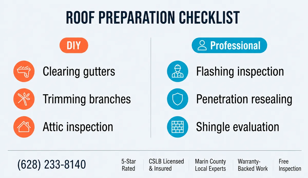 Two-column roof preparation checklist infographic dividing tasks into DIY — clearing gutters, trimming branches, and attic inspection — and Professional — flashing inspection, penetration resealing, and shingle evaluation — with Marina Bay Roofing trust badges and contact number.