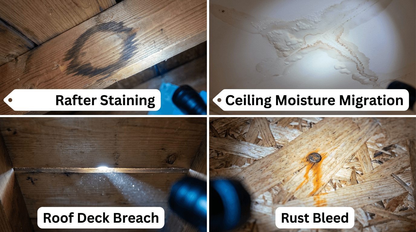 Water stains and moisture damage inside a home's attic caused by a leaking roof