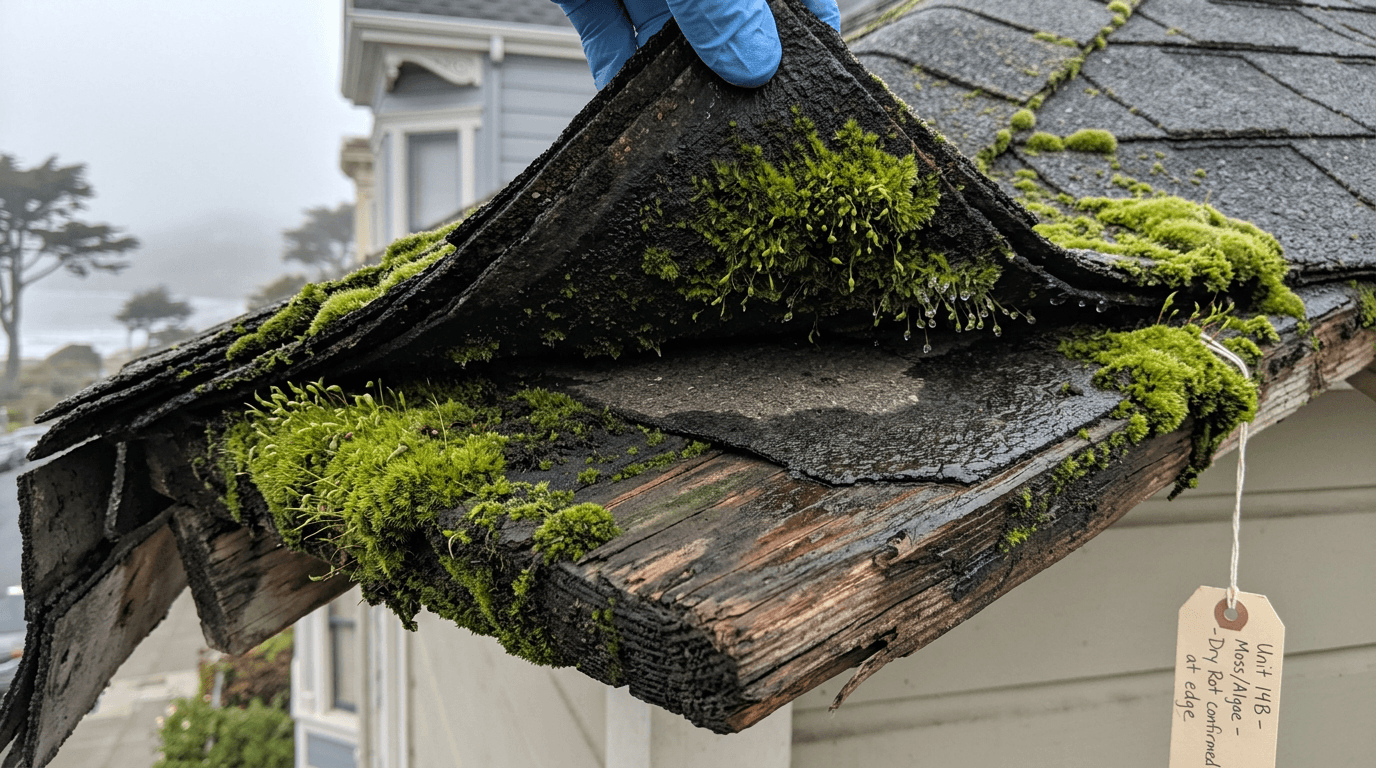Moss and algae growing on asphalt shingles due to long-term moisture exposure