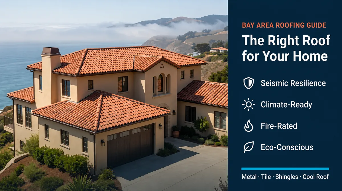 Featured guide graphic showing a Marin County hillside home with a clay tile roof and a navy panel listing four key roofing priorities for Bay Area homeowners: seismic resilience, climate readiness, fire rating, and sustainability.
