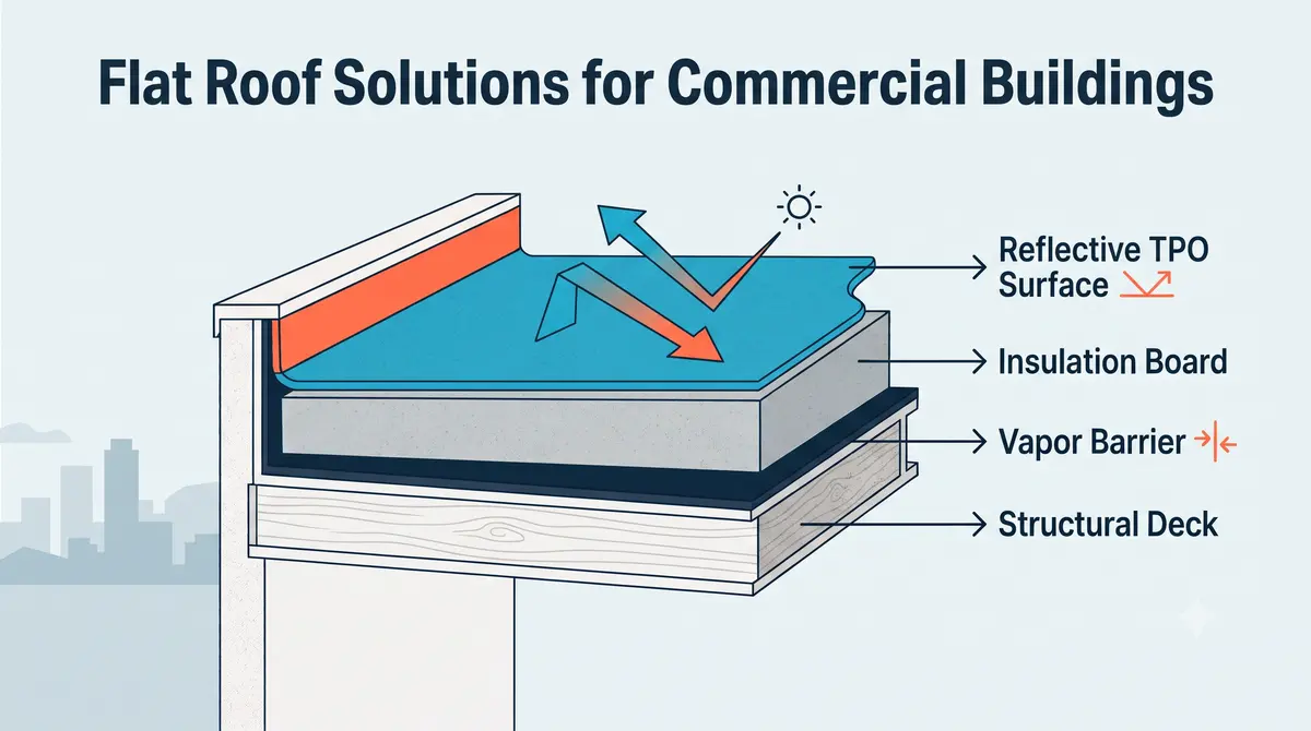Cross-section diagram of a commercial flat roof system showing reflective TPO surface, insulation board, vapor barrier, and structural deck layers for a Bay Area building.