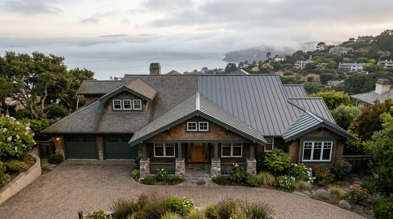 Comparison of asphalt shingles and metal roofing on a Bay Area residential home