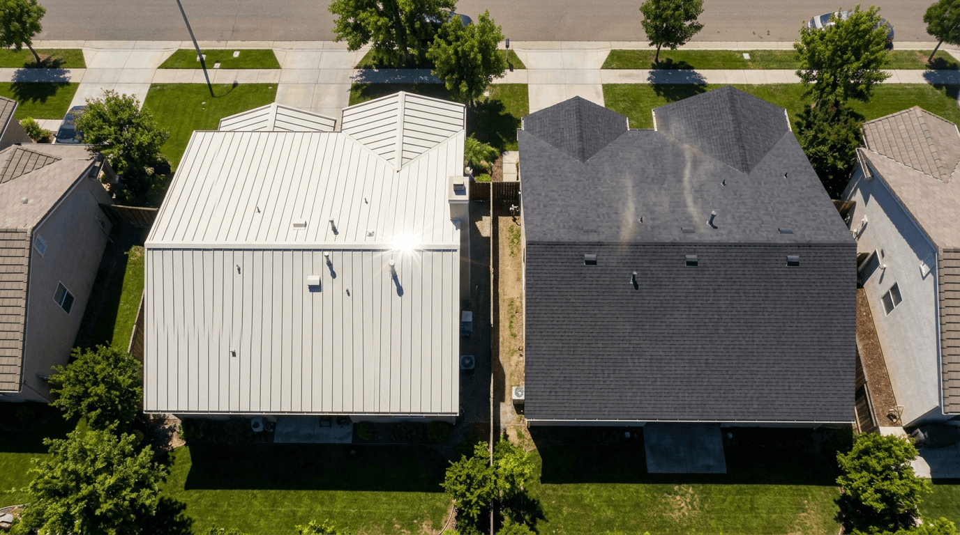 Metal roofing reflecting solar heat compared to asphalt shingles