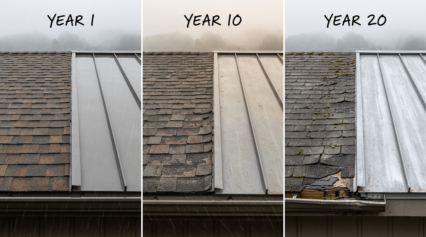 Metal roofing and asphalt shingles exposed to coastal storm conditions