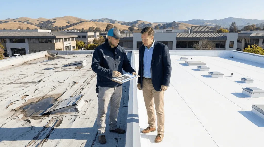 Commercial property owner reviewing roof repair versus replacement options with a roofing professional on a Bay Area commercial building