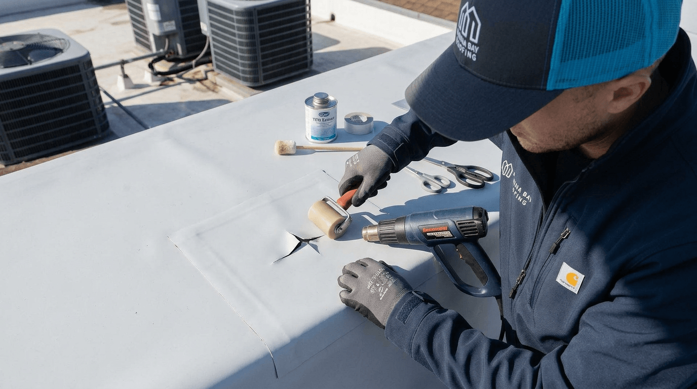 Roofing contractor repairing isolated damage on a commercial flat roof before larger problems develop