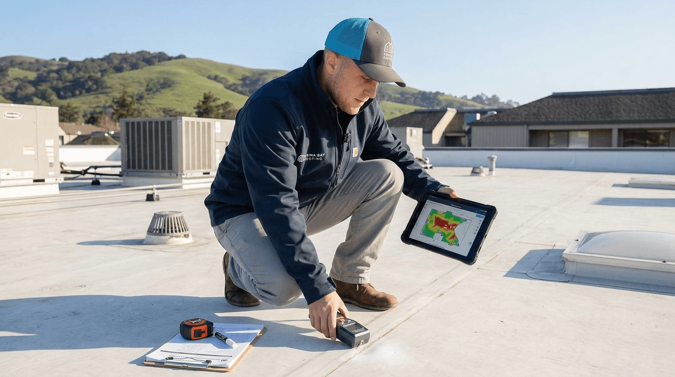 Commercial roofing professional performing a detailed roof inspection and documenting roof conditions
