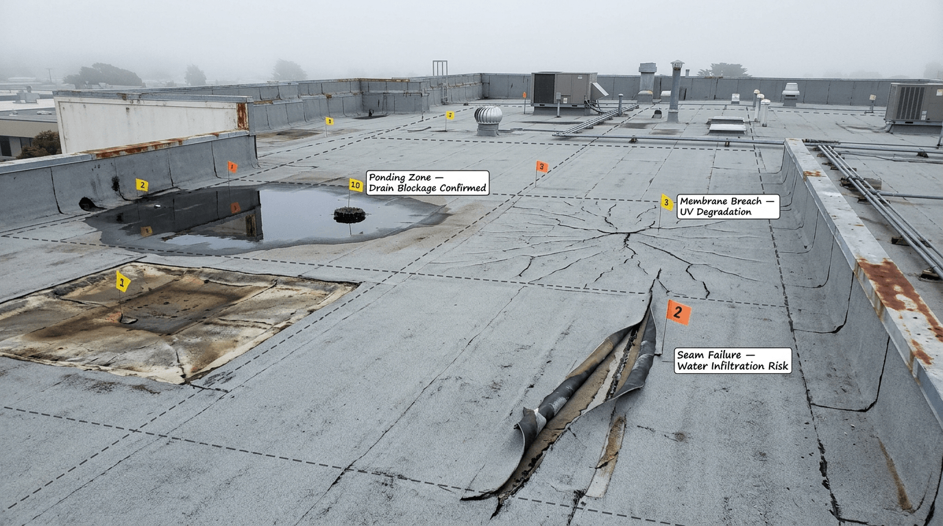 Commercial roof showing widespread damage, membrane deterioration, and water intrusion indicating replacement may be necessary