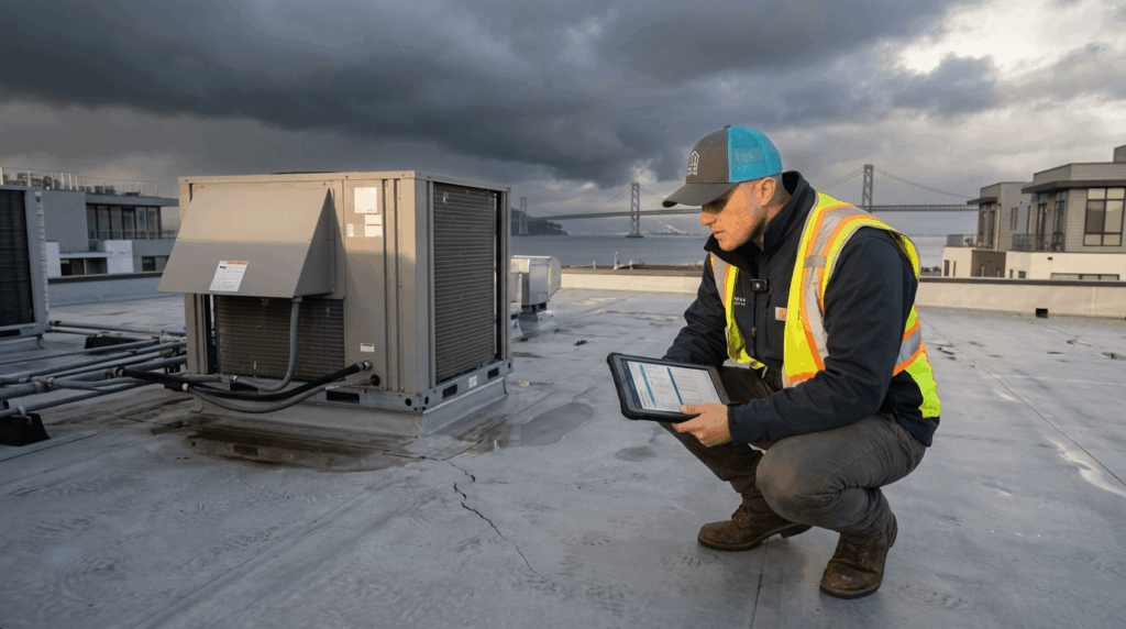 Commercial roofing inspector examining minor roof damage on a Bay Area flat roof before it becomes a costly repair
