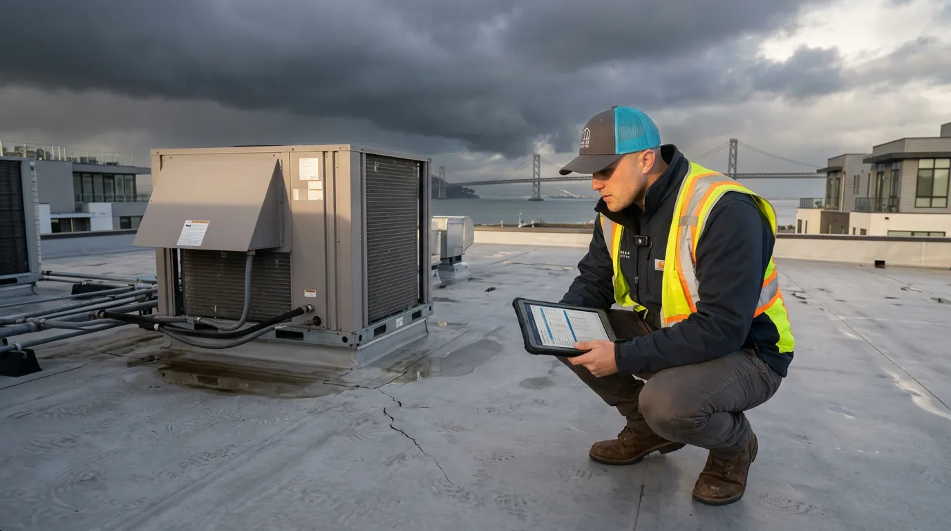 Commercial roofing inspector examining minor roof damage on a Bay Area flat roof before it becomes a costly repair