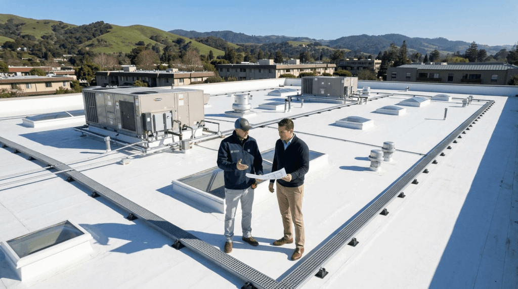 Commercial property owner and roofing professional evaluating a large commercial roof in California