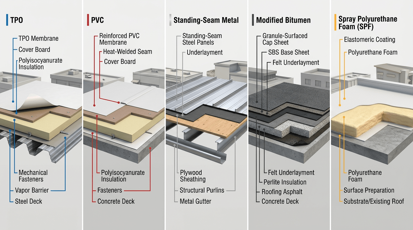 Common commercial roofing systems including TPO, PVC, metal, modified bitumen, and spray foam roofing