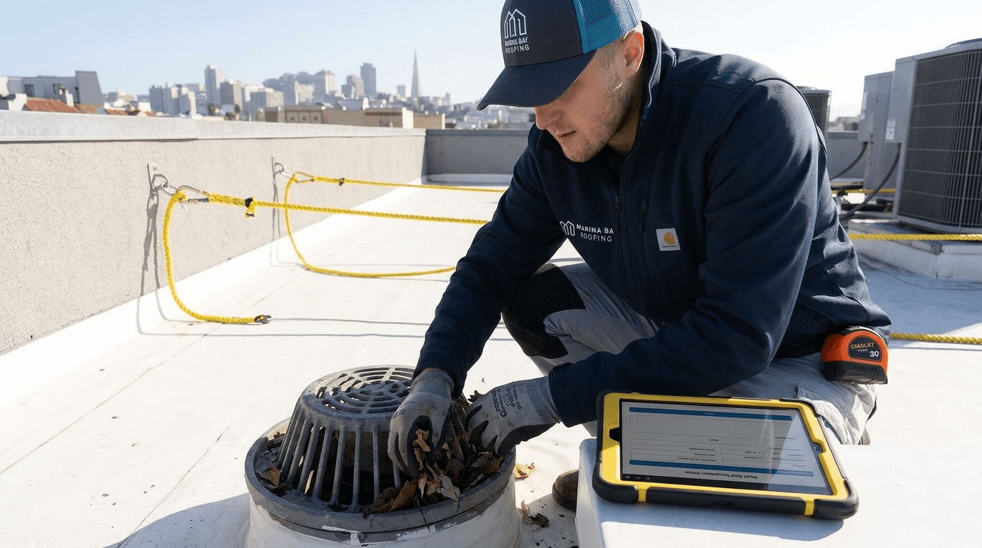 Commercial roofing technician performing preventive maintenance on a flat roof
