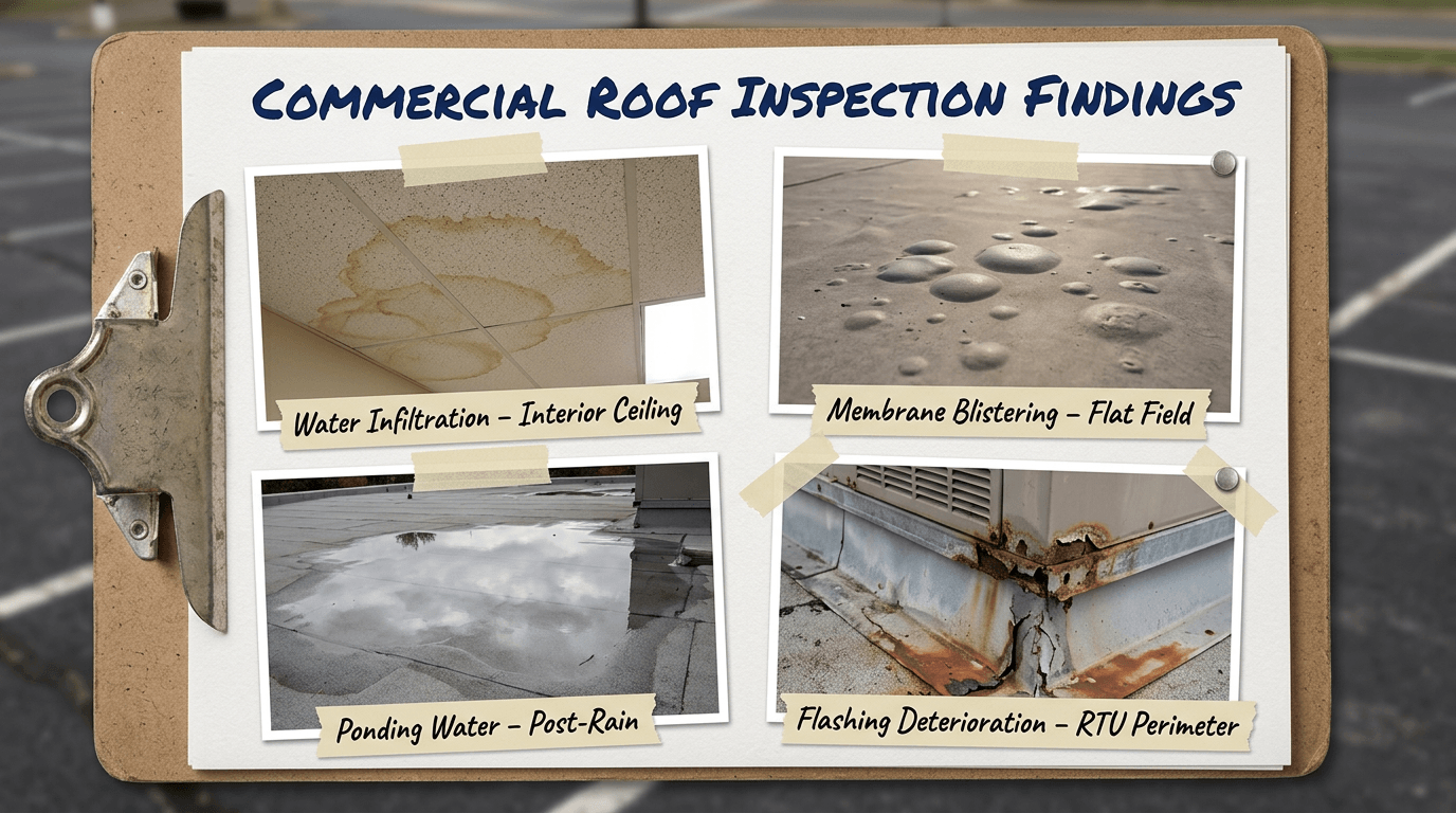 Common warning signs of commercial roof damage including water stains, ponding water, blistering membranes, and damaged flashing