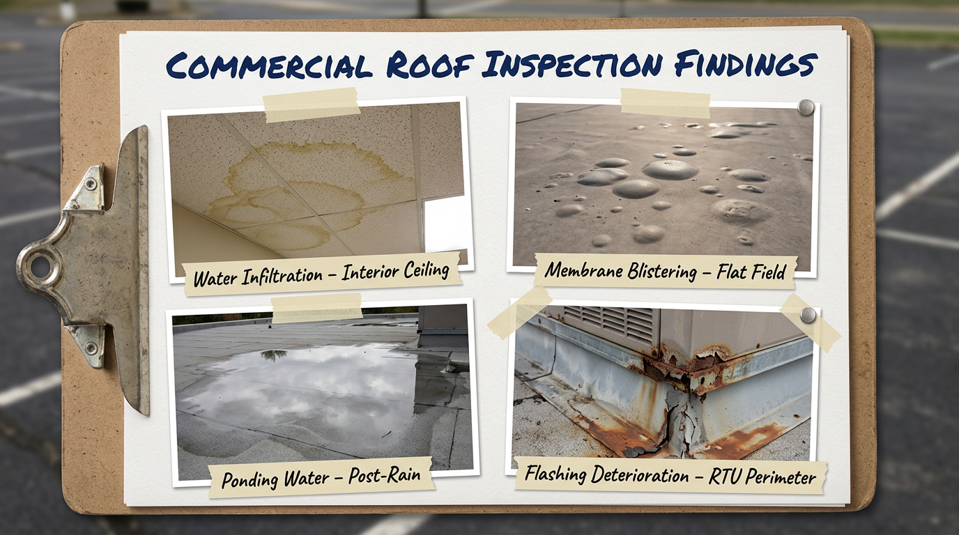 Common warning signs of commercial roof damage including water stains, ponding water, blistering membranes, and damaged flashing