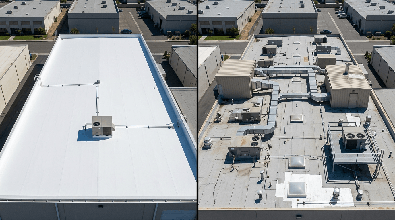 Comparison between a simple commercial roof and a complex roof with HVAC equipment and skylights