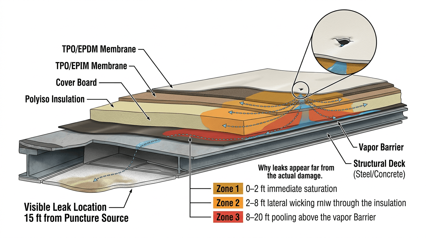 Diagram showing how water travels beneath a commercial roof after entering through a small membrane puncture
