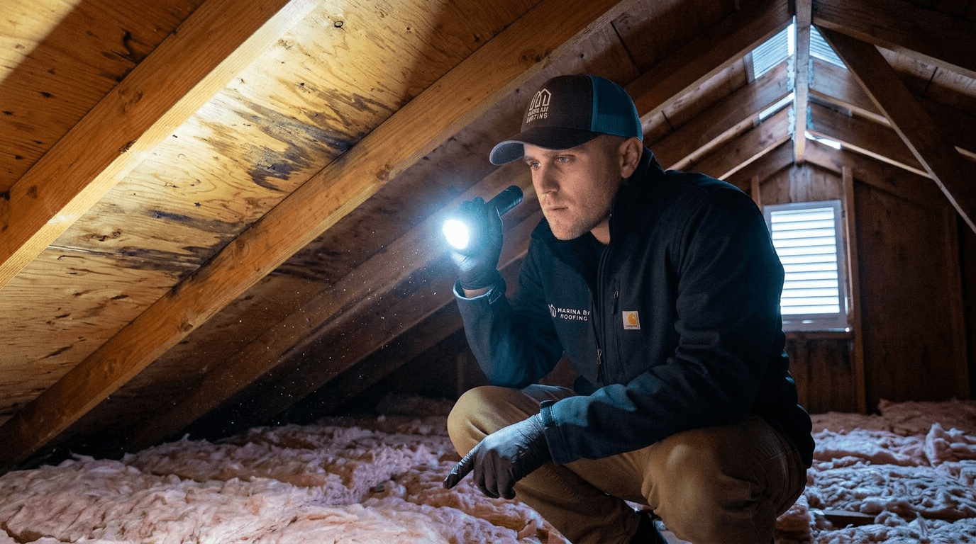 Roof inspector checking attic insulation, ventilation, and signs of moisture intrusion
