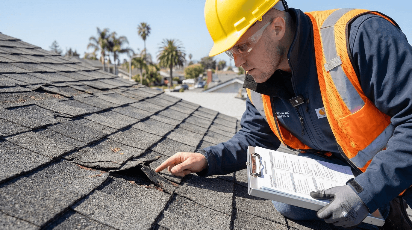 Roofing inspector examining shingles for signs of damage and wear during a roof inspection