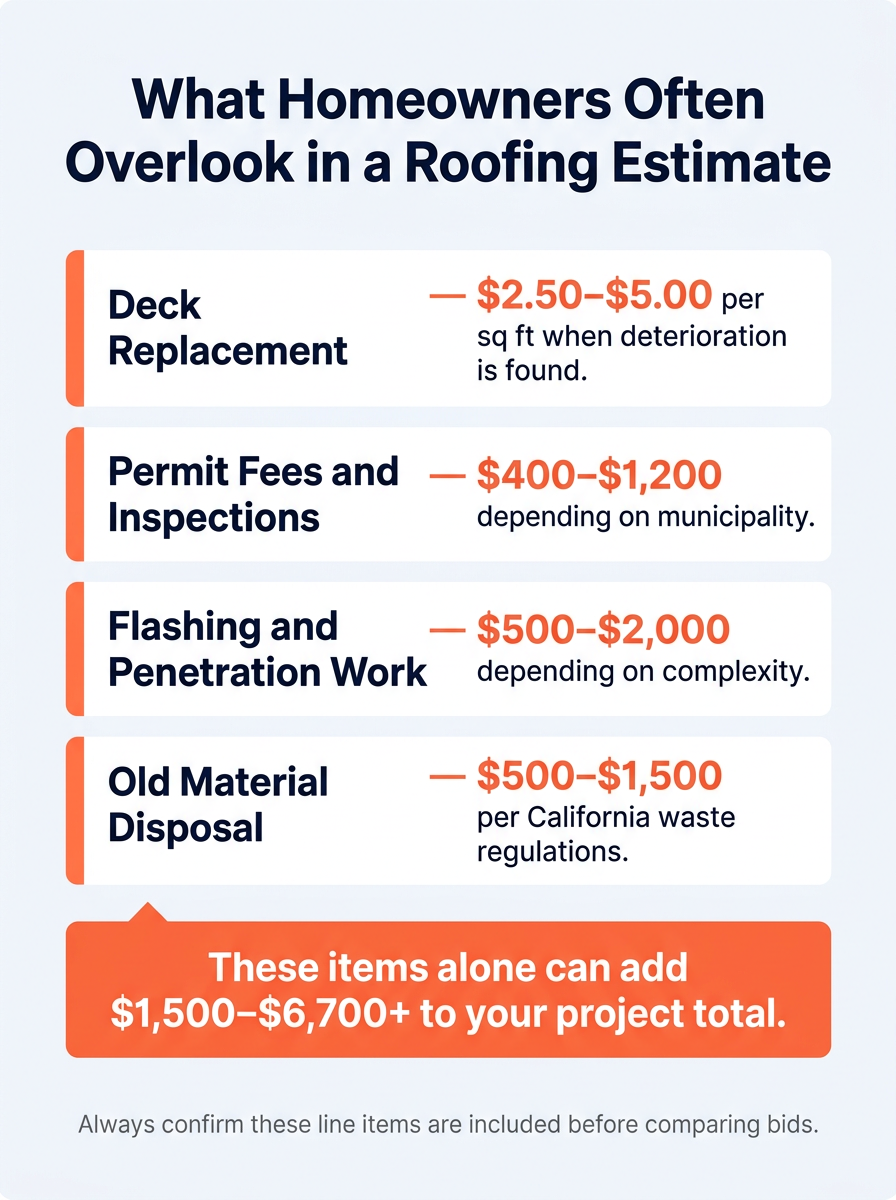 Invoice-style infographic showing four commonly overlooked roofing cost line items totaling a potential $1,500–$6,700+ addition: deck replacement, permits, flashing, and disposal.