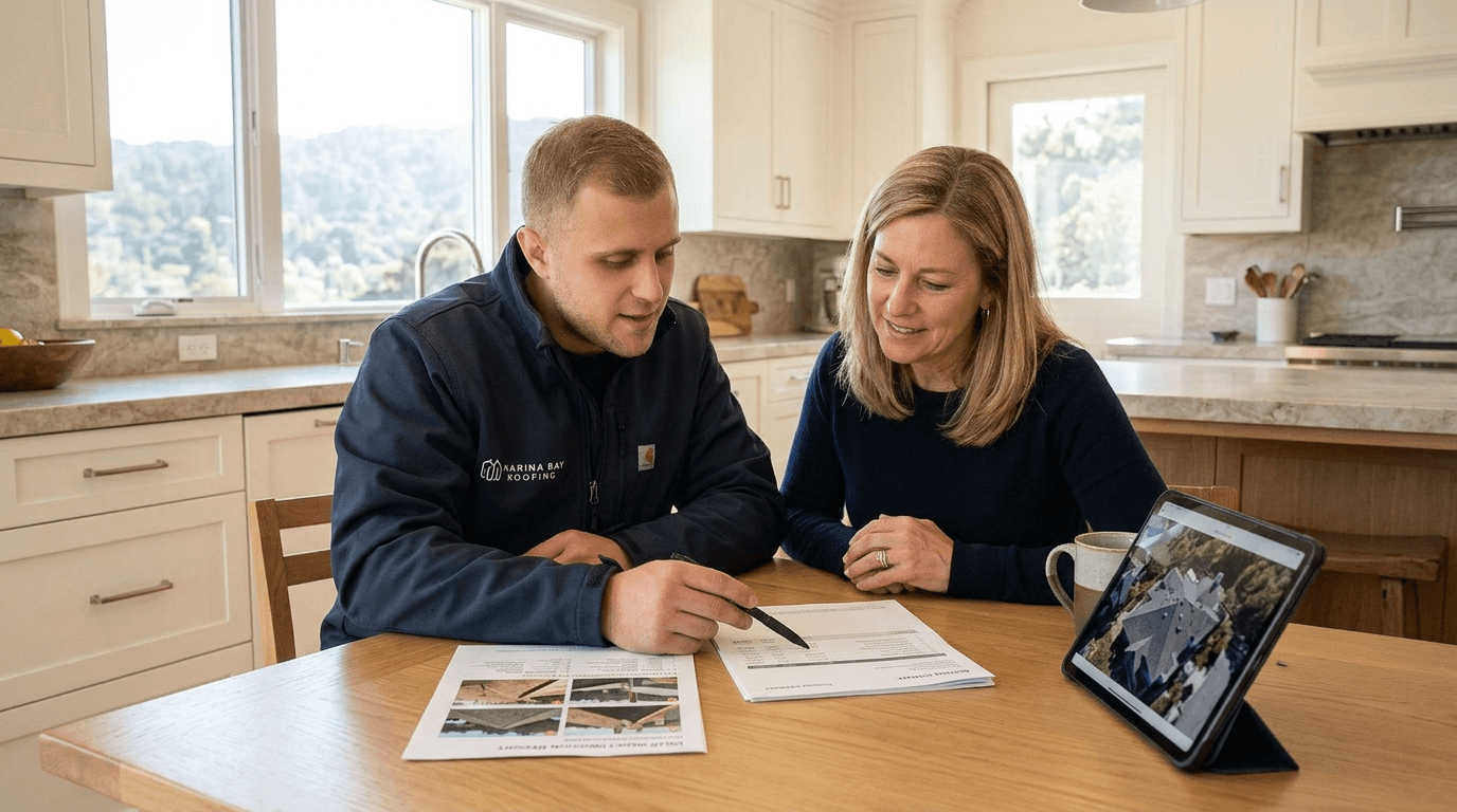 Homeowner reviewing a roof inspection report and estimate with a roofing contractor