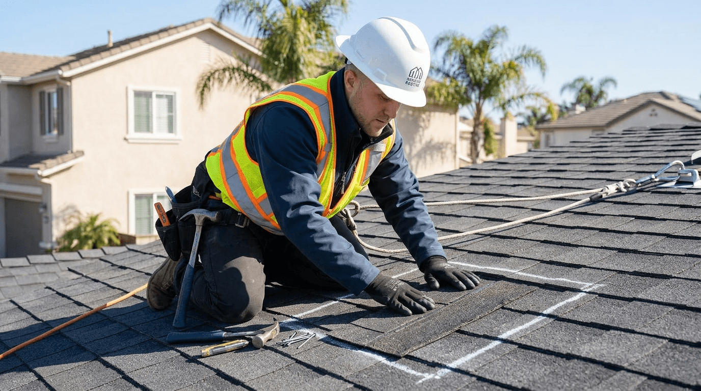 Roofing professional repairing a small section of damaged shingles on an otherwise healthy roof