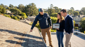 Roofing contractor helping homeowners decide between roof repair and roof replacement during a professional inspection