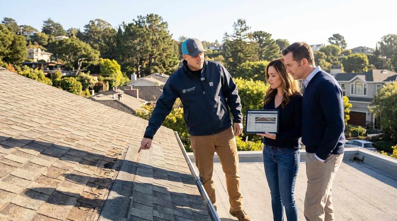 Roofing contractor helping homeowners decide between roof repair and roof replacement during a professional inspection