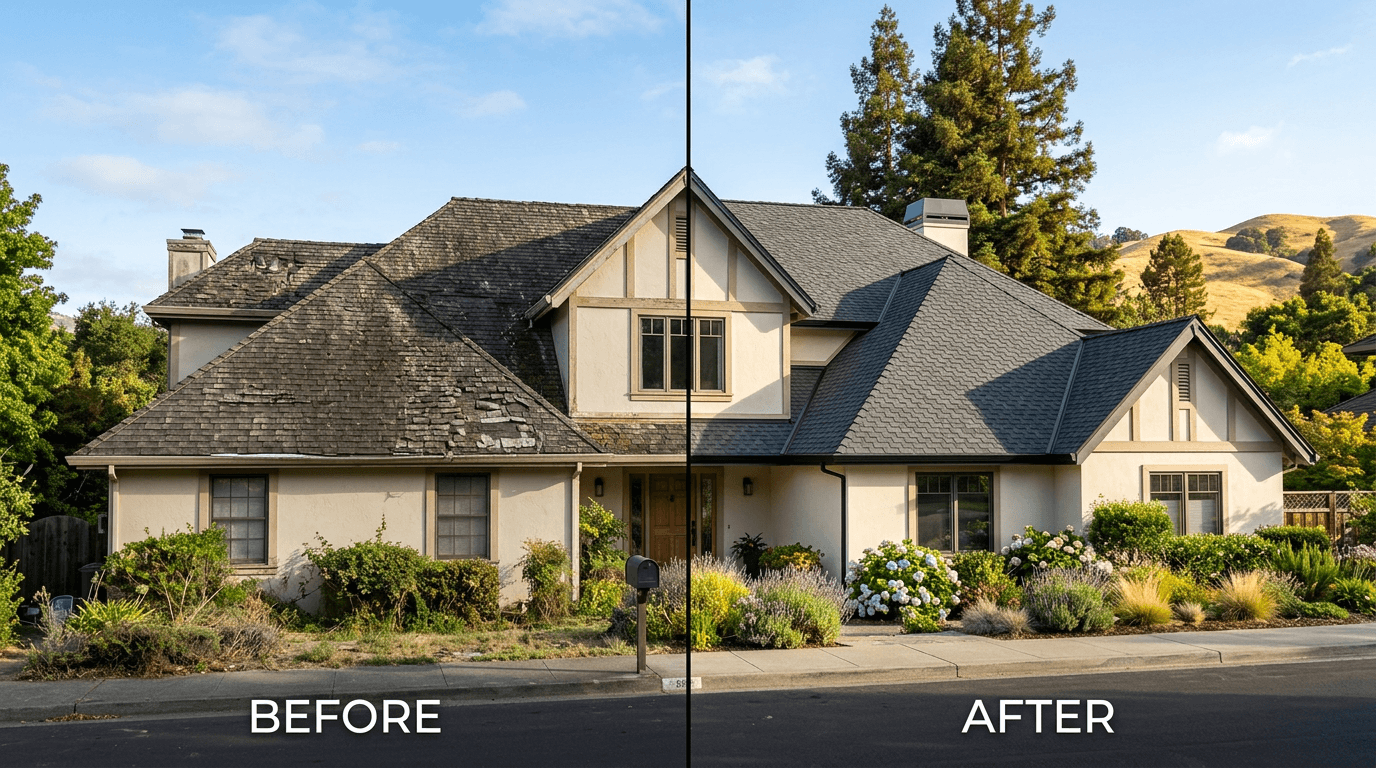 Comparison of an aging roof and a newly installed roofing system showing the benefits of replacement