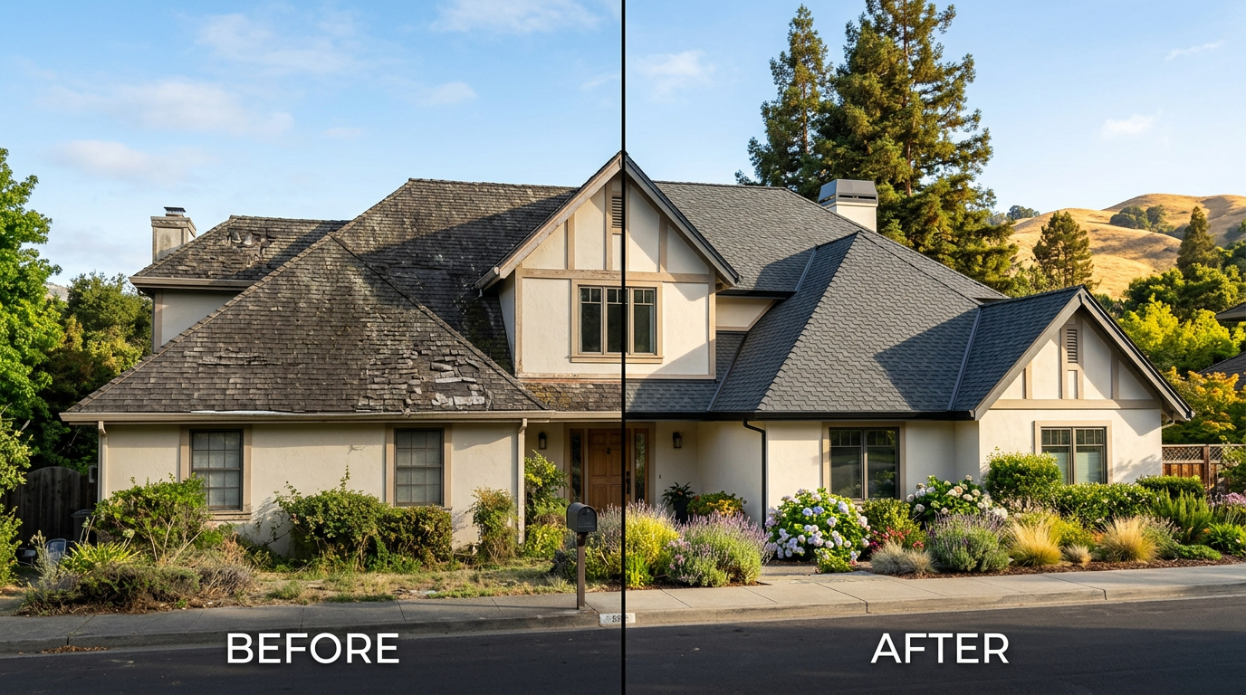 Comparison of an aging roof and a newly installed roofing system showing the benefits of replacement