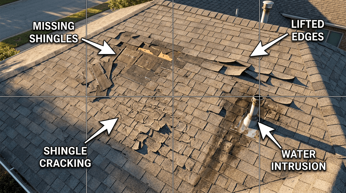 Common roof damage signs including missing shingles, storm wear, and areas vulnerable to leaks