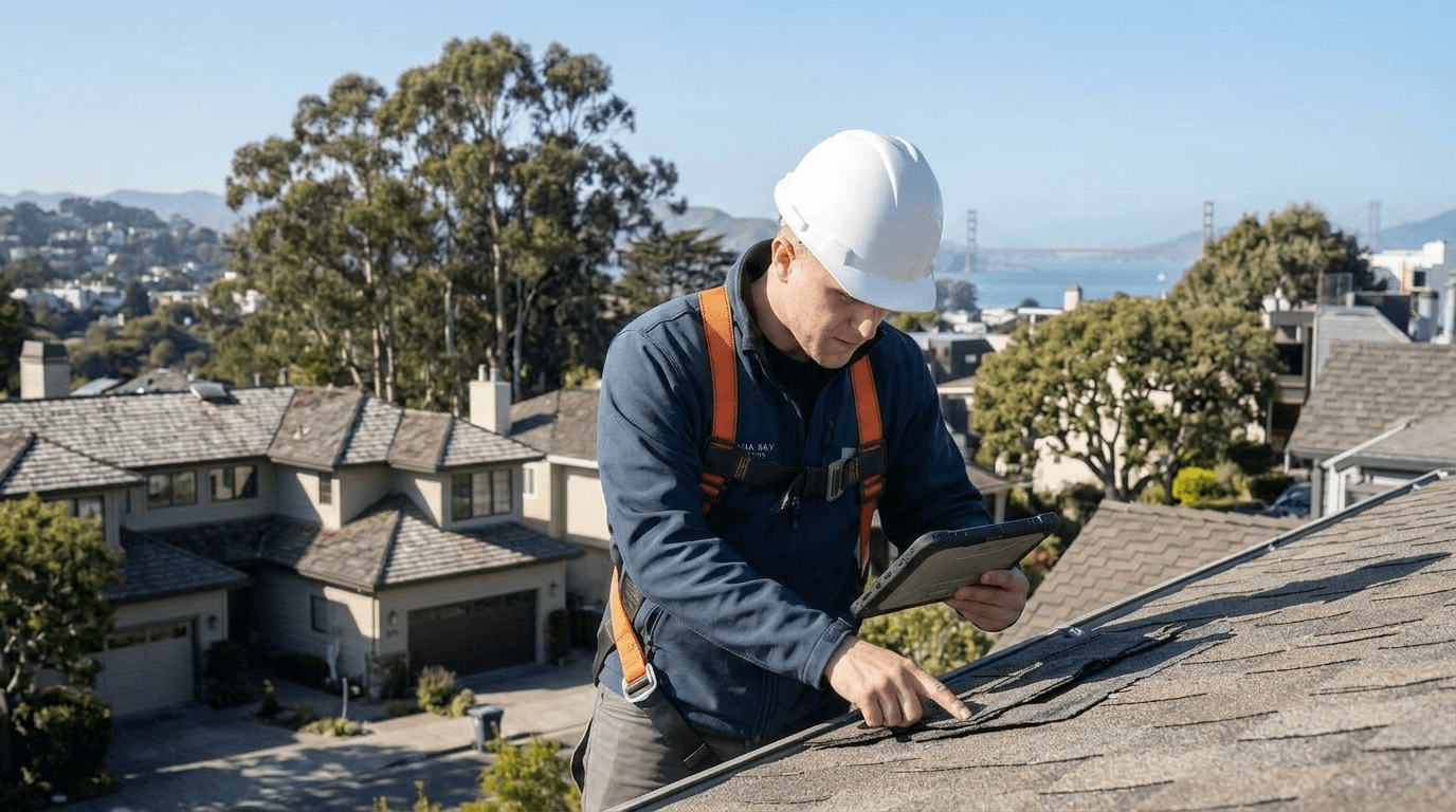 Professional roofing inspector performing a detailed roof inspection on a San Francisco home