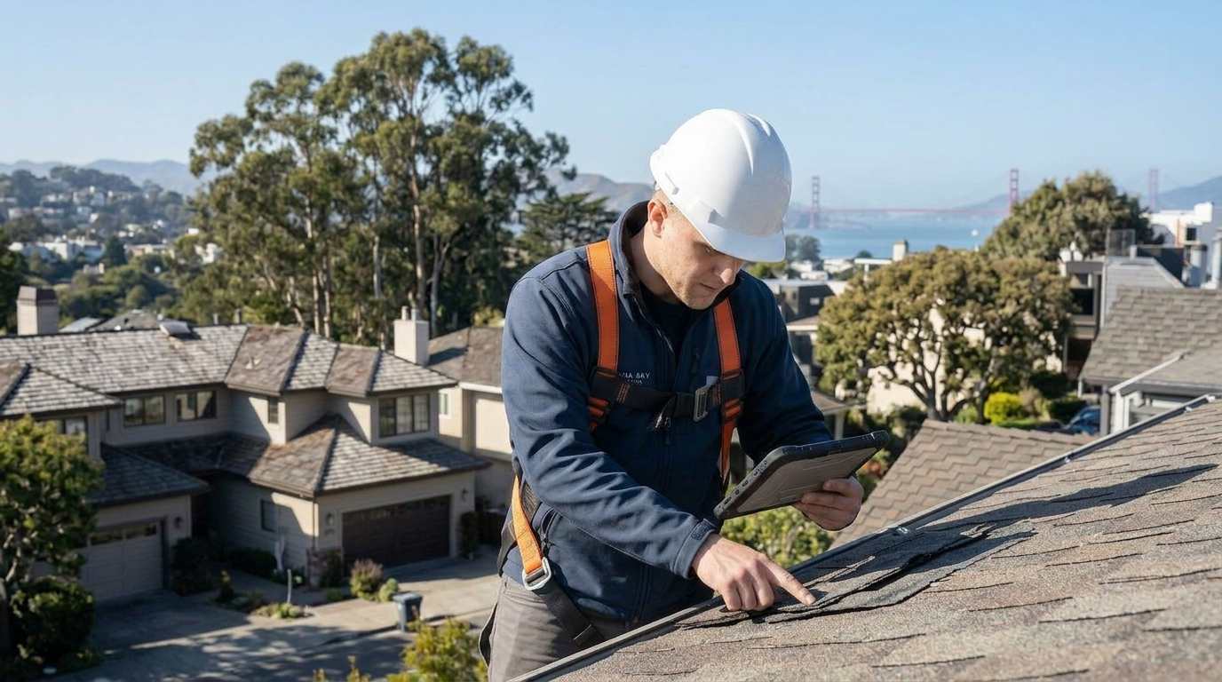Professional roofing inspector performing a detailed roof inspection on a San Francisco home