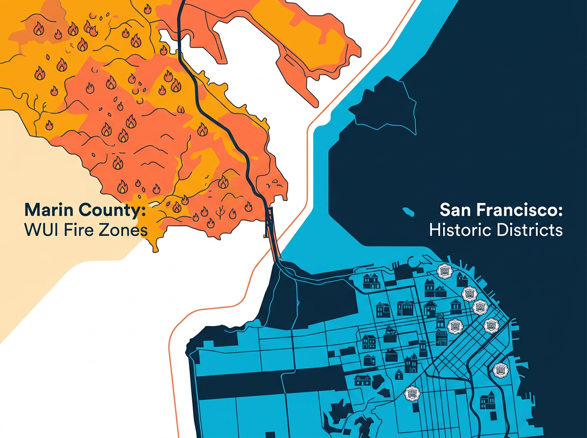 Stylized flat-vector map illustration of the San Francisco Bay Area divided at the Golden Gate, showing Marin County in warm amber tones with wildland fire zone and ember icons on the left, and San Francisco in navy and cyan tones with Victorian rooftop silhouettes and historic preservation badge icons on the right.