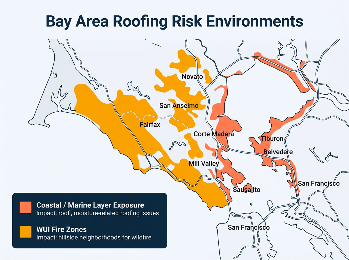 Illustrated diagram of Marin County roofing risk zones — coastal and marine layer exposure areas versus WUI Wildland-Urban Interface fire zone designations affecting roofing code requirements