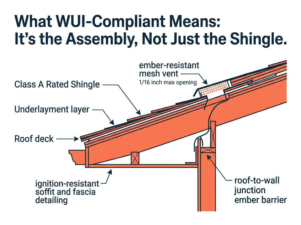 Cross-section diagram of a WUI-compliant Class A roofing assembly showing surface layer, underlayment, deck, ember-resistant venting, and roof-to-wall junction detailing required in Marin County fire zones.