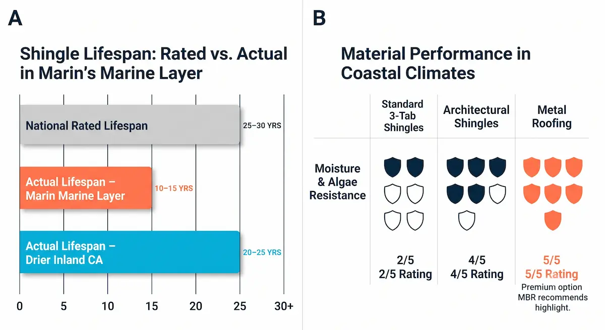 Bar chart comparing asphalt shingle lifespan in Marin's marine layer versus rated and drier-climate lifespans, alongside a material comparison of 3-tab shingles, architectural shingles, and metal roofing durability.