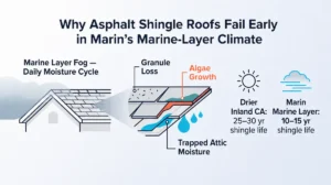 Diagram showing how Marin's marine layer fog causes granule loss, algae growth, and trapped attic moisture that shorten asphalt shingle roof life from 25–30 years to 10–15 years.
