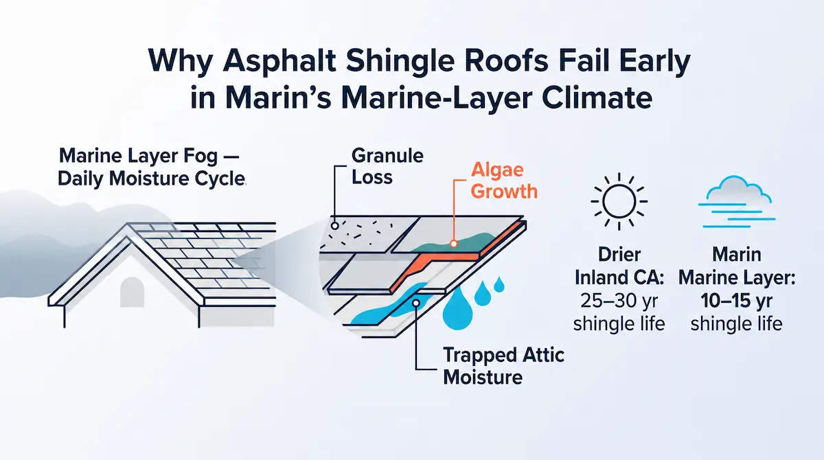 Diagram showing how Marin's marine layer fog causes granule loss, algae growth, and trapped attic moisture that shorten asphalt shingle roof life from 25–30 years to 10–15 years.