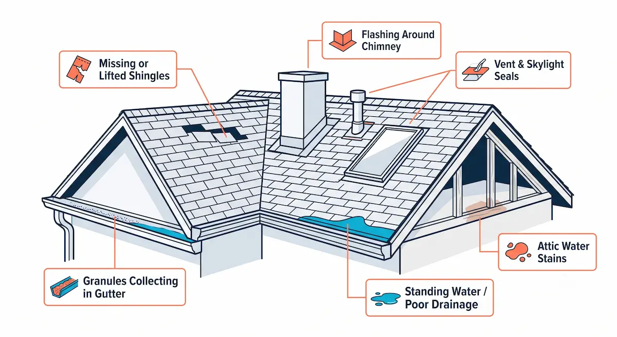 Annotated diagram of a roof showing storm damage inspection points: shingles, gutters, flashing, vents, and attic water stains.