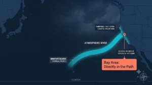 Map diagram showing an atmospheric river moisture band traveling from the tropical Pacific Ocean to the San Francisco Bay Area coastline.