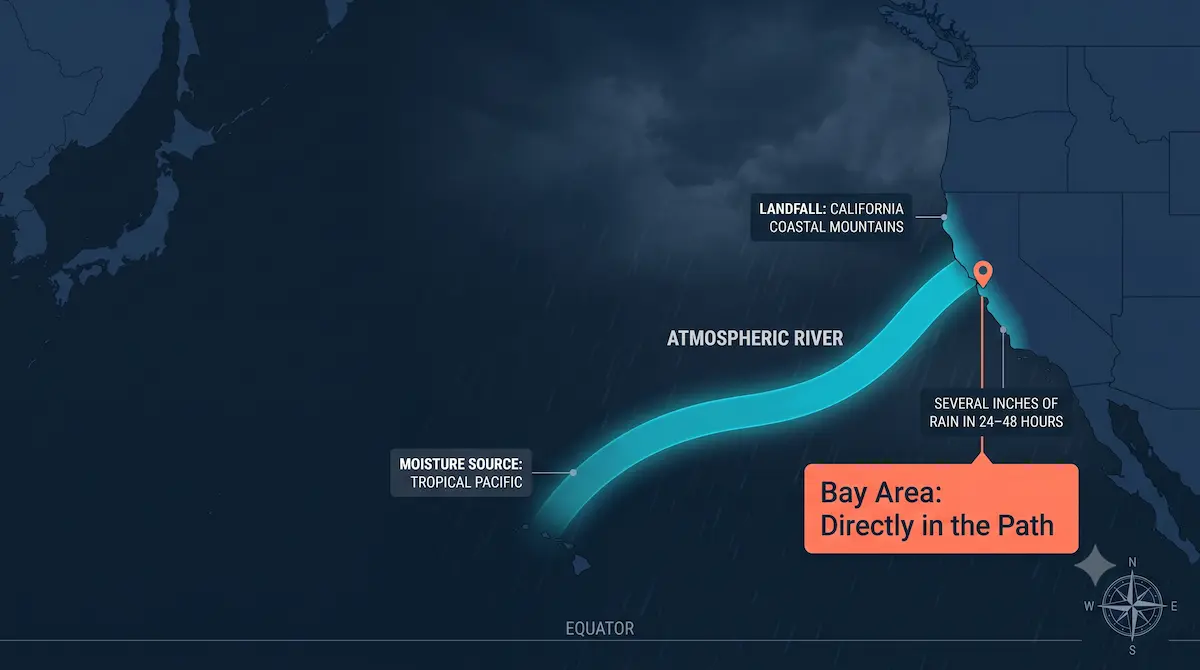 Map diagram showing an atmospheric river moisture band traveling from the tropical Pacific Ocean to the San Francisco Bay Area coastline.