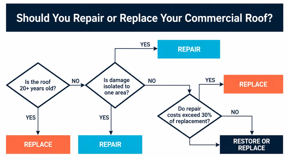 Flowchart decision framework for determining whether to repair or replace a commercial roof based on age, damage, and cost thresholds