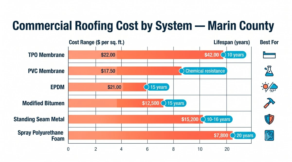 Horizontal bar chart comparing commercial roofing system costs per square foot and lifespan for TPO, PVC, EPDM, Modified Bitumen, Metal, and SPF roofing in Marin County