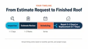 Timeline graphic showing the roof estimate process from inspection through completion, with duration for each phase