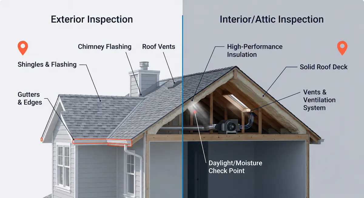 Annotated diagram of a home roof and attic showing the exterior and interior checkpoints covered during a professional roof inspection.