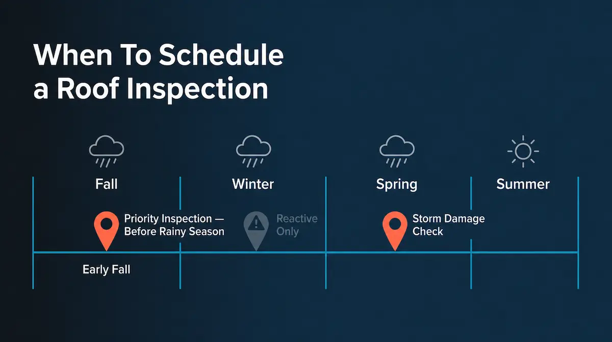Infographic showing the Bay Area roof inspection timeline, highlighting fall and spring as the key seasonal inspection windows.