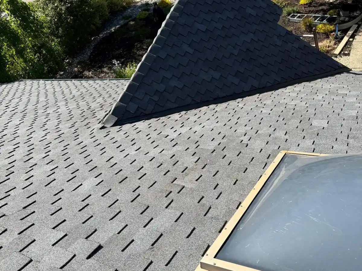 Aerial view of a gray shingle roof with a skylight and vents